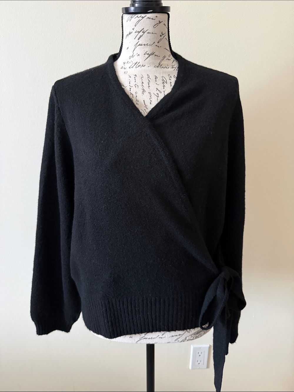 Black V-Neck Wrap Sweater with Side Tie